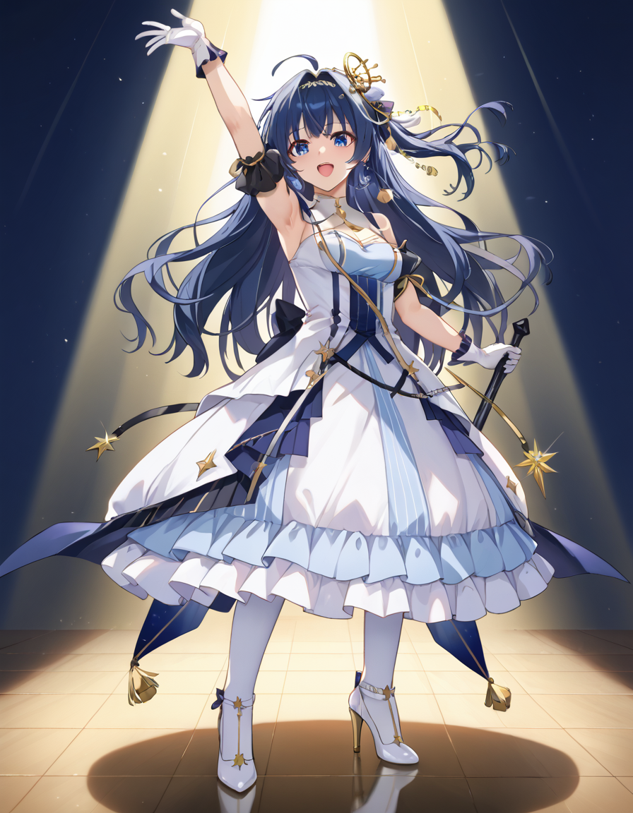 Volumetric Lighting, (masterpiece), (best quality), (ultra-detailed), masterpiece, source_anime, score_9, score_8_up, score_7_up BREAK, light depth, dramatic atmospheric lighting, Volumetric Lighting, Astesia, long hair, blue hair, blue eyes BREAK, Asteidl. idl dress, idl hair ornament, idl detached sleeves, idl thighhighs, dil gloves,idl high heels BREAK, stage,spotlight, show, idol show,standing,holding mic,arm up, open mouth