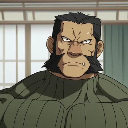 score_9_up, score_8_up, score_7_up, high quality, detailed, 1boy, source_anime, broad shoulders, mature male, black eyes, muscular male, athletic build, black hair, human, chimera, gorilla, tan skin, bara, scruffy, sideburns, big pecs, facial hair, defined features, green sweater, looking at viewer, bust shot, indoors