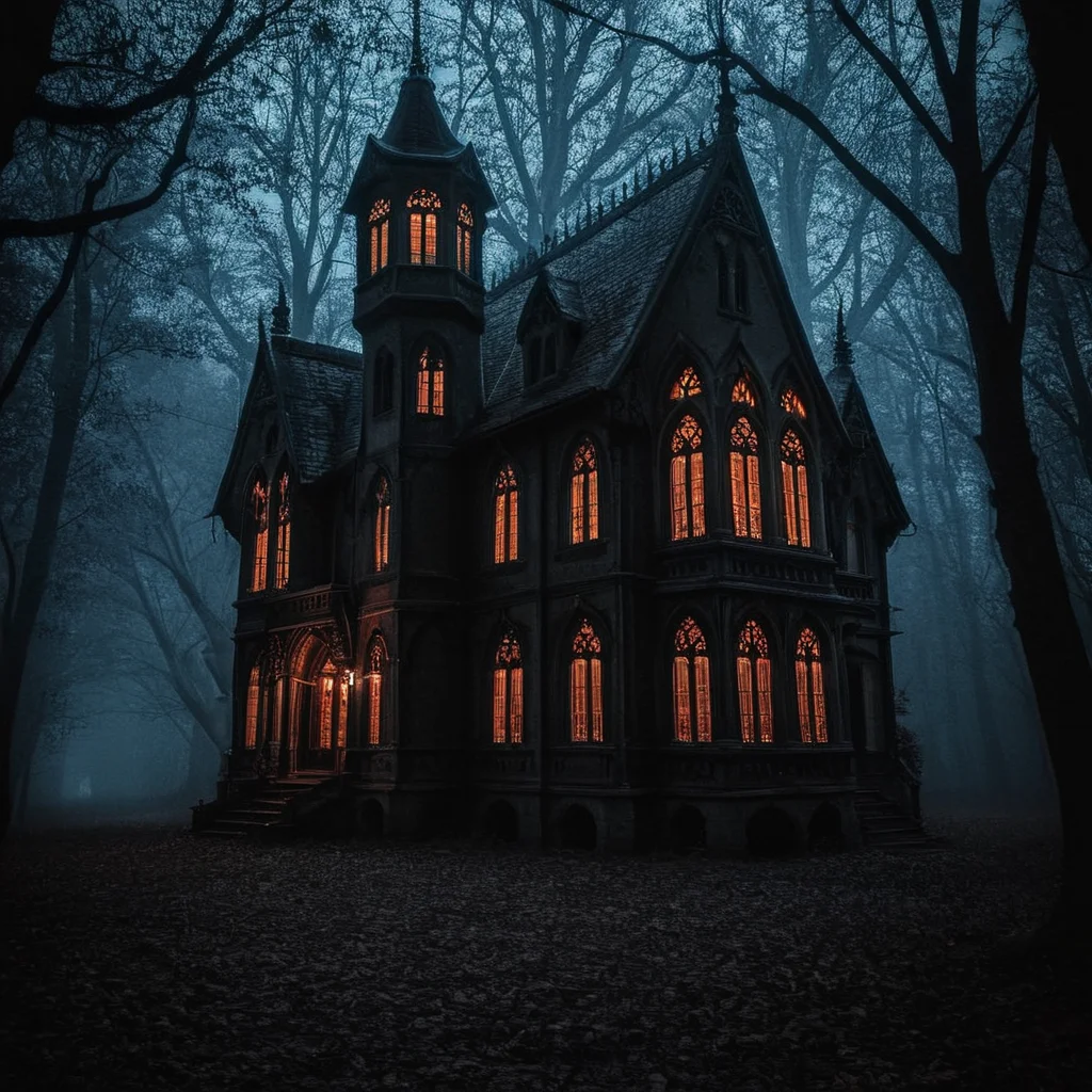 radiant darkness, gothic mansion, glowing windows, dark forest, grim path <lora:Radiant_Darkness:1>