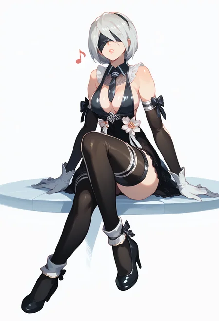 score_9, score_8_up, score_7_up, BREAK
1girl, yorha2, blindfold, necktie, white gloves, detached sleeves, white hair, bob cut, large breasts, thighhighs, dynamic angle,
solo, playing instrument, sitting , one outstretched leg, musical note, , , 2b2 heels,
pastel colors, white background,
<lora:YoRHa type 2V3:1>
<lora:kajinman_style_pdxl_goofy:0.6>
