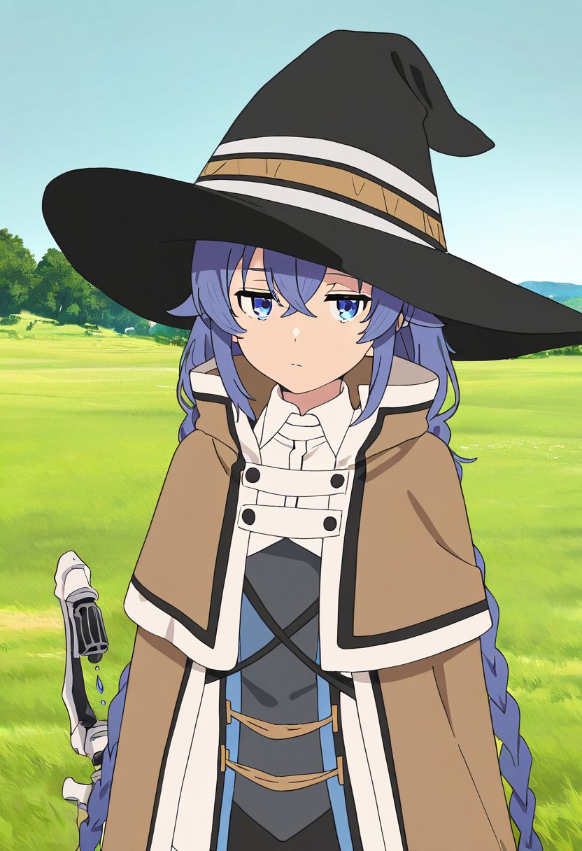 masterpiece, best quality, newest, absurdres, highres, detailed eyes, beautiful, detailed background, perfect eyes, anime coloring, 1girl, solo, petite, roxy migurdia, blue hair, long hair, twin braids, hair between eyes, ahoge, blue eyes, small breasts, RoxyMageA, witch hat, brown cloak, white jacket, long sleeves, black skirt, black socks, white boots, holding mage staff, looking at viewer, half-closed eyes, (detailed background, outdoors, grassland, tree, upper body),  <lora:roxy_mskt_xl:0.8>