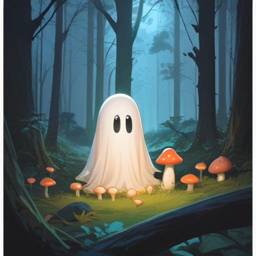 score_9, score_8_up, score_7_up,manga, comic, funny, cute, smile, white ghost,simple drawing, arms, in forest, night, mushrooms <lora:white_ghost:1>