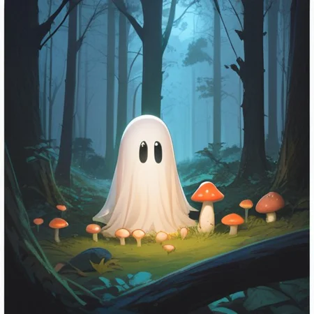 score_9, score_8_up, score_7_up,manga, comic, funny, cute, smile, white ghost,simple drawing, arms, in forest, night, mushrooms <lora:white_ghost:1>