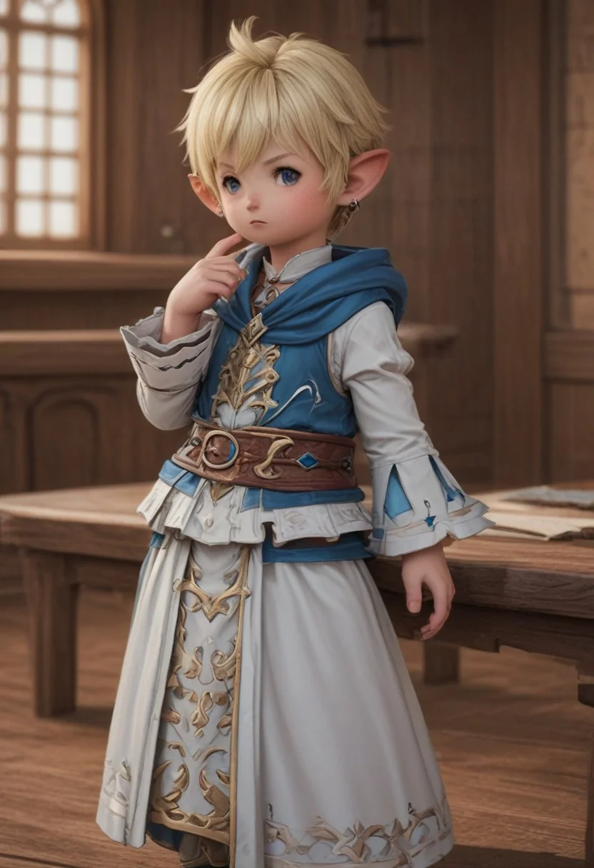 lalatater, monocle, solo, lalafell, pointy ears, jewelry, blue eyes, ring, earrings, belt, standing, short hair, full body, looking at viewer, blonde hair, depth of field, indoors, long sleeves, hand up, 1boy, healer attire, white mage, male focus, chibi, puntable BREAK PonyXLV6_Scores