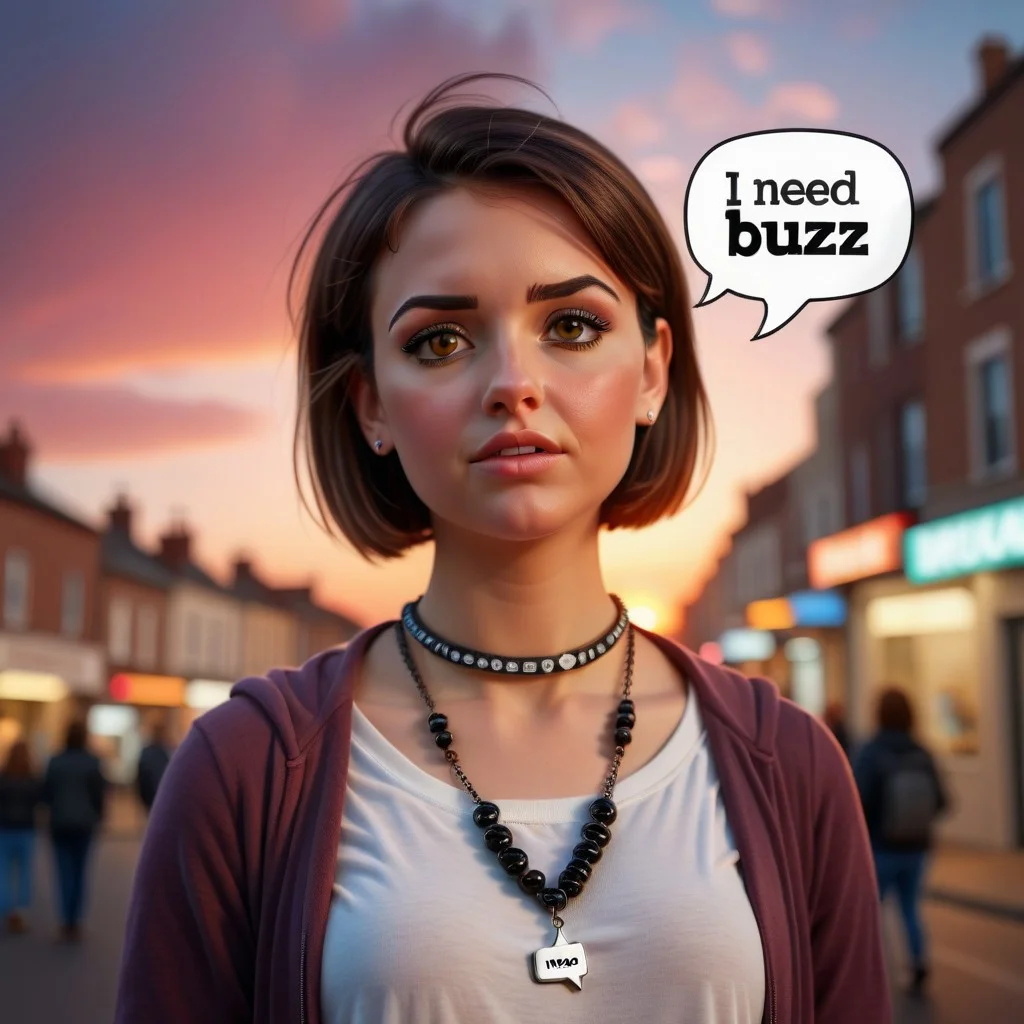 photorealistic image, a portrait of a cute girl with a necklace, speech bubble text "I need buzz", detailed, 50mm photography,depth of field,sunset,street background,bokeh