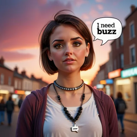 photorealistic image, a portrait of a cute girl with a necklace, speech bubble text "I need buzz", detailed, 50mm photography,depth of field,sunset,street background,bokeh