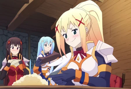 anime artwork Masterpiece, high quality, score_9, score_8_up, score_7_up, (ultra realistic, 32k, masterpiece:1.2), (high detailed skin:1.1), (high quality:1.1),(((3girls))), ((sitting around one table, indoors)), japanese room, table, dim lighting, looking at another,
BREAK
smile face, holding whipp, looking to the side, <lora:lalatina-dustiness-ford-s2-ponyxl-lora-nochekaiser:0.8>darkness \(konosuba\), long hair, green eyes, blonde hair, hair ornament, ponytail, braid, x hair ornament,gloves, armor, bodysuit, shoulder armor, armored dress,
BREAK serious, sad, holding book,
<lora:konosuba-megumin-s2-ponyxl-lora-nochekaiser:0.8>
megumin, short hair, black hair, red eyes, short hair with long locks,
BREAK smug, holding beer, looking to the side, <lora:Aqua_Pony-10:1> Aqua_(Konosuba), blue eyes, blue footwear, blue hair, blue thighhighs, blush, boots, breasts, bubble, detached sleeves, hair ornament, hair rings, leg up, long hair, medium breasts, open hand, single hair ring, skirt, holding a beer, beer, sitting on chair,pant less,