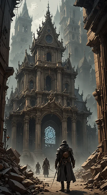 by Eugene Galien-Laloue and Takeshi Obata, polarized,An ancient Building, filled with forbidden knowledge, where scholars and sorcerers search for lost spells among the dusty tomes. Ghostly guardians patrol the aisles, ready to protect the secrets within. world in the style of the decaying empire of Würstreich, dark magic and grotesque creatures abound, inspired by Sean Aaberg's punk aesthetic, dark fantasy world combines grim landscapes with vibrant, colorful art, heroes skirmish monstrous foes in a setting where rebellion, decay, and mysticism intertwine, crafting a unique, immersive vibe, hyper detailed, professional poster art, bold lines, award winning, trending on ArtStation , (intricate details, masterpiece, best quality:1.4), looking at viewer, dynamic pose, in the style of nicola samori, (Use Dream Diffusion Secret Prompt). UHD