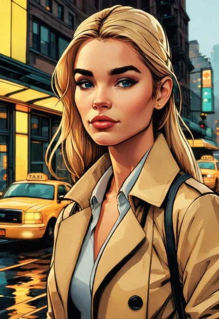 Cute girl, blonde hair, yellow taxi, New York City, it's raining, detective style, the girl is wearing a beige trench coat, highly detailed, 8k, sharp, professional, clear, high contrast, high saturated.