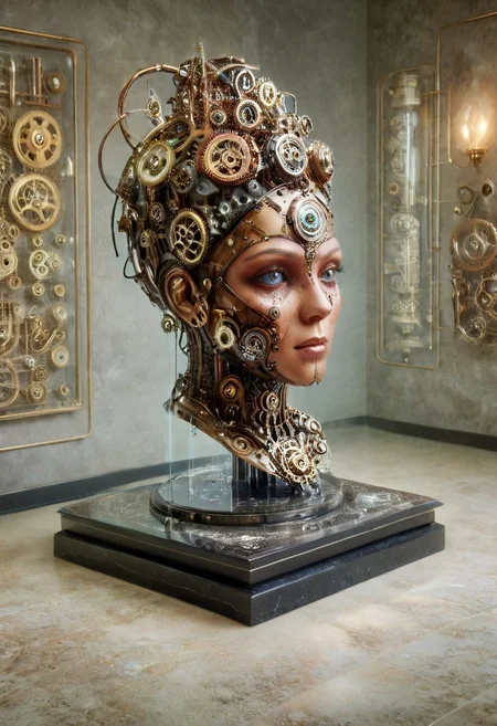 clockwork wind up head, made from gears and pistons and pullies, wind up clockwork key on the side, on a marble desk in a museum, in a display stand, female upper half body, Dramatic lighting.
cinematic masterpiece,
OverallDetail, SteamPunk