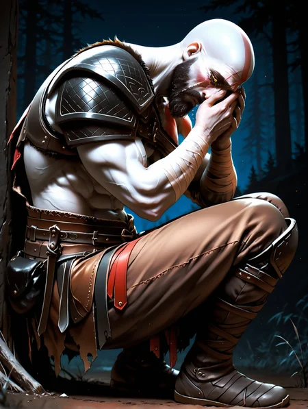 masterpiece, best quality, amazing quality, solo, imtdragkratos, 1boy, bald, unkempt beard, facial hair, full body, wrinkles, beard, armor, muscular, scar, manly, tattoo, shoulder armor, belt, abs, single pauldron, mustache, scar on face, scar across the eye, mature male, pants, yellow eyes, pale skin, old clothes, brown clothes,bandages, darkness, night, from side, upper body portrait, hands on face, crying, sad, desolate, tears, sitting, head down, looking down, crying inconsolably, expressive
