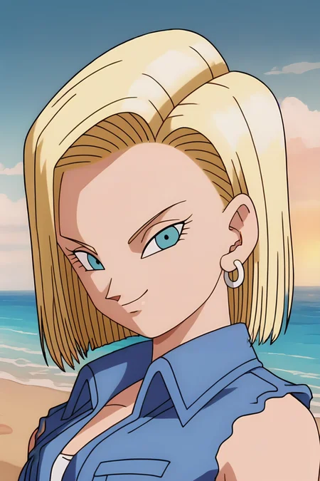 source_anime, score_9, score_8_up, score_7_up, anime screencap, high quality, 
android 18, buu saga, anime coloring, official style, 1girl, solo, looking at viewer, smile, short hair, blue eyes, blonde hair, collared jacket, denim jacket, closed mouth, upper body, silver earring, outdoors, sky, sleeveless, water, ocean, beach, hoop earrings, horizon, sand, bare shoulders, light blue jacket, collarbone, denim, jacket only, portrait, sleeveless jacket, v-shaped eyebrows, v-shaped eyes, closed jacket, 
 <lora:c18_pony:0.8>