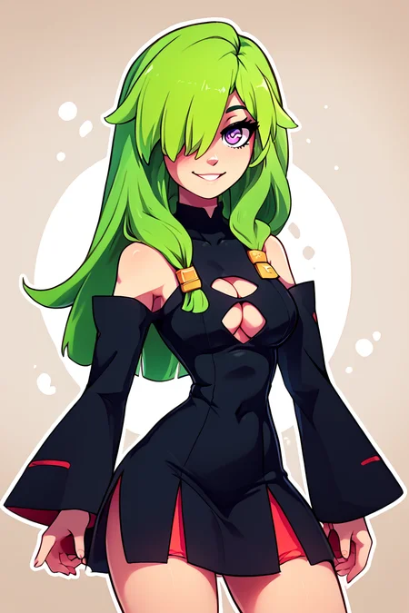 score_9, score_8_up, score_8, medium breasts, (curvy), cute, eyelashes, ,,, , ,,, zzDoll, purple eyes, green hair, long hair, hair over one eye, bare shoulders, cleavage, detached sleeves, black dress, clothing cutout, <lora:DollTenchi_PDXL:1>,,,, BREAK, smile, looking at viewer, ,,, abstract background, white outline, cowboy shot, ,,, embedding:zPDXL, Expressiveh, ,,, <lora:theOtherHalfPDXL:0.8>, <lora:CatalystStylePDXL:0.6>, <lora:SDXLFaeTastic2400:0.5>, <lora:Expressive_H-000001:0.4>,