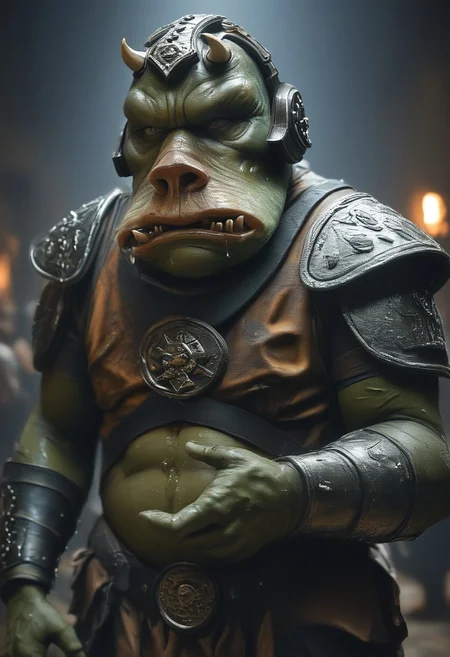 score_9, score_8_up, score_7_up, score_6_up, photo, photorealism, 1boy, Gammorean Guard, Dark green skin, armor, skin texture, moist skin, pores, saliva, dynamic lighting, detailed shadows, adobe palace, fat, dim light
