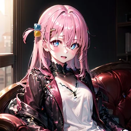 gotoh hitori, 1girl, solo, long hair, smile, open mouth, blue eyes, bangs, sidelocks, simple background, white background, hair between eyes, upper body, pink hair,one side up, cube hair ornament, camisole, on couch, sitting, short shorts, dolphin shorts, large breasts, good hands, best hands