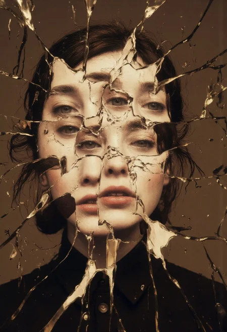 CynthiaPortrait, experimental portrait photography broken mirror portrait, head made of a collage of different facial features of different persons. face made of fractured rusty metal, intricate, chromatic background, calm and introspective, nostalgic wonder, retro-cute charm