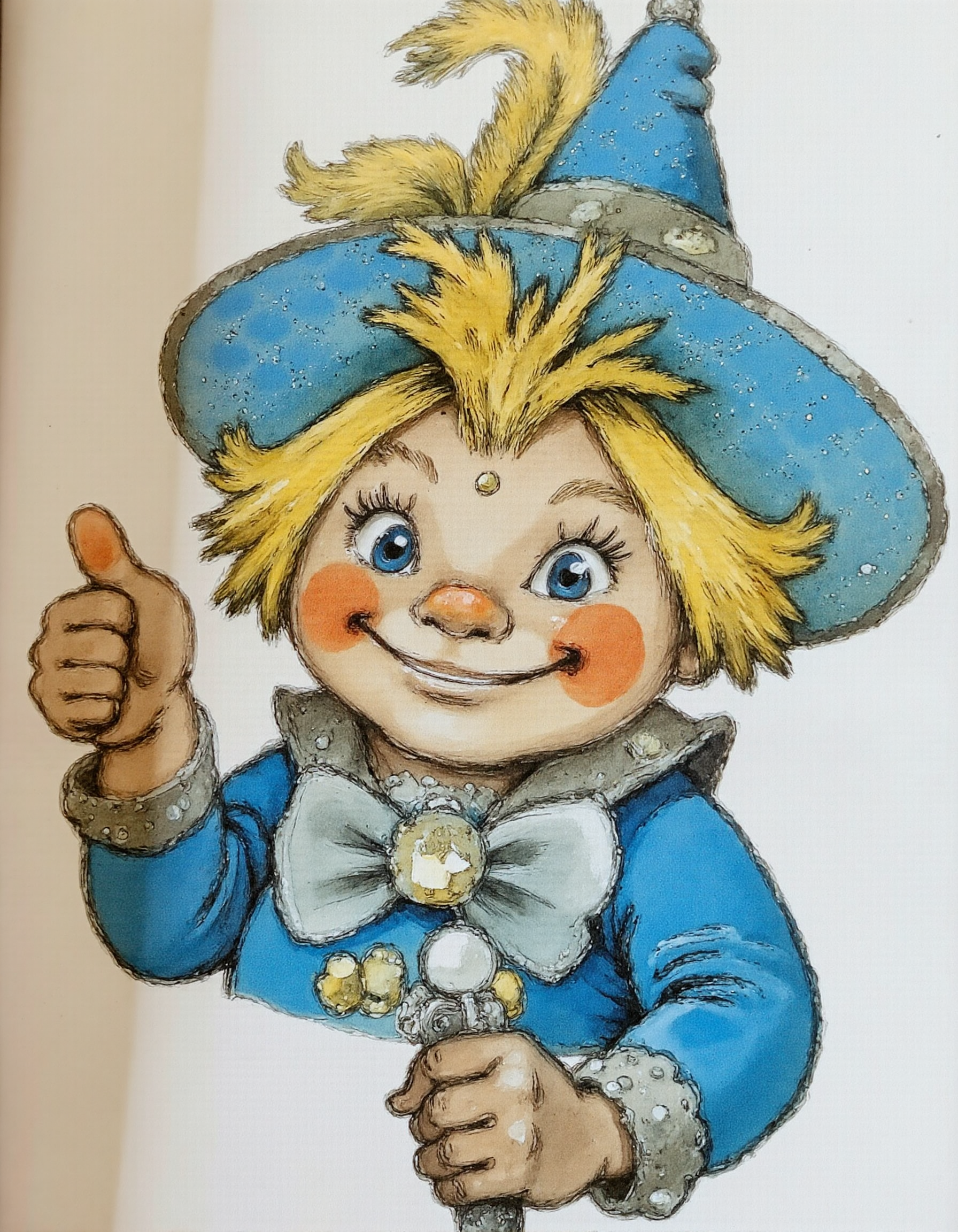 <lora:lv:1>This image is a detailed, hand-drawn illustration in a whimsical, cartoon style. The central subject is a cheerful, round-faced character with a broad, toothy smile. The character has a round, yellowish-brown nose, and large, expressive eyes that are a bright blue. The character's hair is a bright yellow, sticking out from beneath a large, blue, pointy hat adorned with a yellow feather. The hat has a wide brim and is slightly askew, adding to the character's playful demeanor.
The character is dressed in a blue, long-sleeved tunic with a large, white bow tied at the neck. The tunic has a textured, quilted appearance, suggesting a fabric with a slightly rough texture. The character's hands are visible, giving a thumbs-up gesture with the left hand and holding a small, white object in the right hand, possibly a flower or a small toy.
The background is a plain, white surface, ensuring that the focus remains entirely on the character. The illustration's colors are vibrant and bold, with a mix of warm and cool tones that enhance the character's lively and friendly appearance. The overall style is reminiscent of classic children's storybook illustrations.