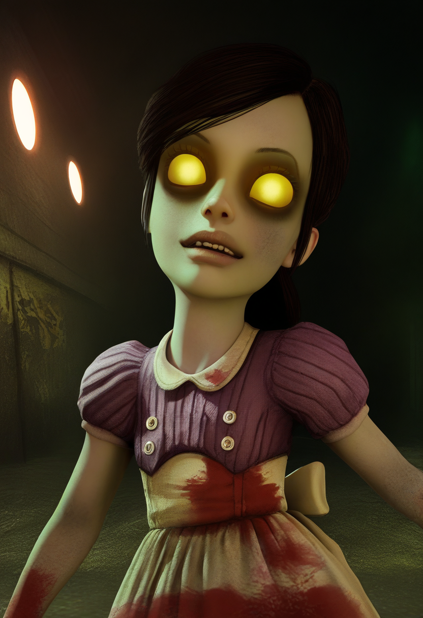 best quality, amazing quality, very aesthetic, absurdres,
1girl, lilsis, black hair, yellow eyes, yellow sclera, glowing eyes,
bow,
dirty, blood, muddy dress, dress,
horror \(theme\), solo, creepy, dirty water, sewer background<lora:LittleSisterNoobXL_byKonan:1>