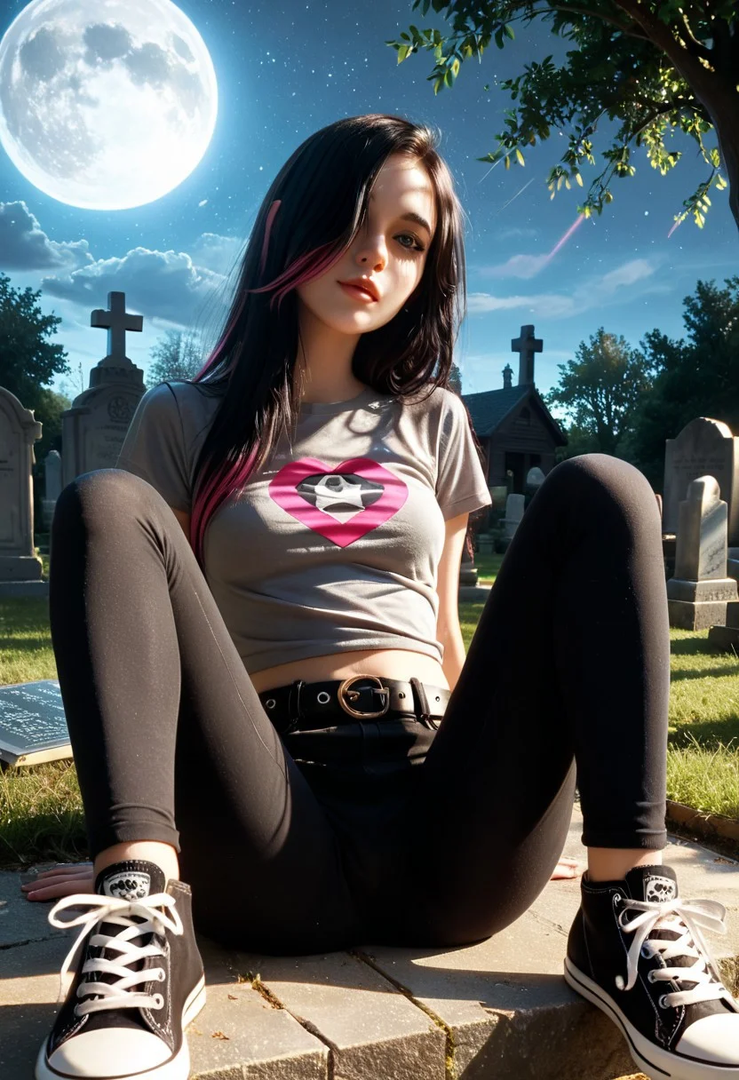 score_9, score_8_up, score_7_up,, high res ima , source_photo, source_real, (realistic:1.4),
, , 1girl, solo, CanFl_EmV, (adult body:1.2), nice adult face, detailed face:1.2, perfect eyes, sexy body, medium perky breasts, medium butt, 
narrow waist, medium hips, EyesHD, long black hair, hair over eye, pink streak, shy, flat dark grey shirt, black pants, emo belt, converse shoes, posing sensually, inside a cemetery, at night. cemetery, sitting, low angle, short view