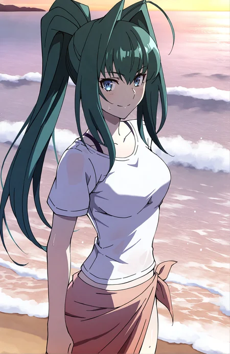 AkariAcura, 1girl, solo, long hair, green hair, ponytail, blue eyes, white t-shirt, sarong, sweat, beach, sea, standing in sea, looking at viewer, smile
