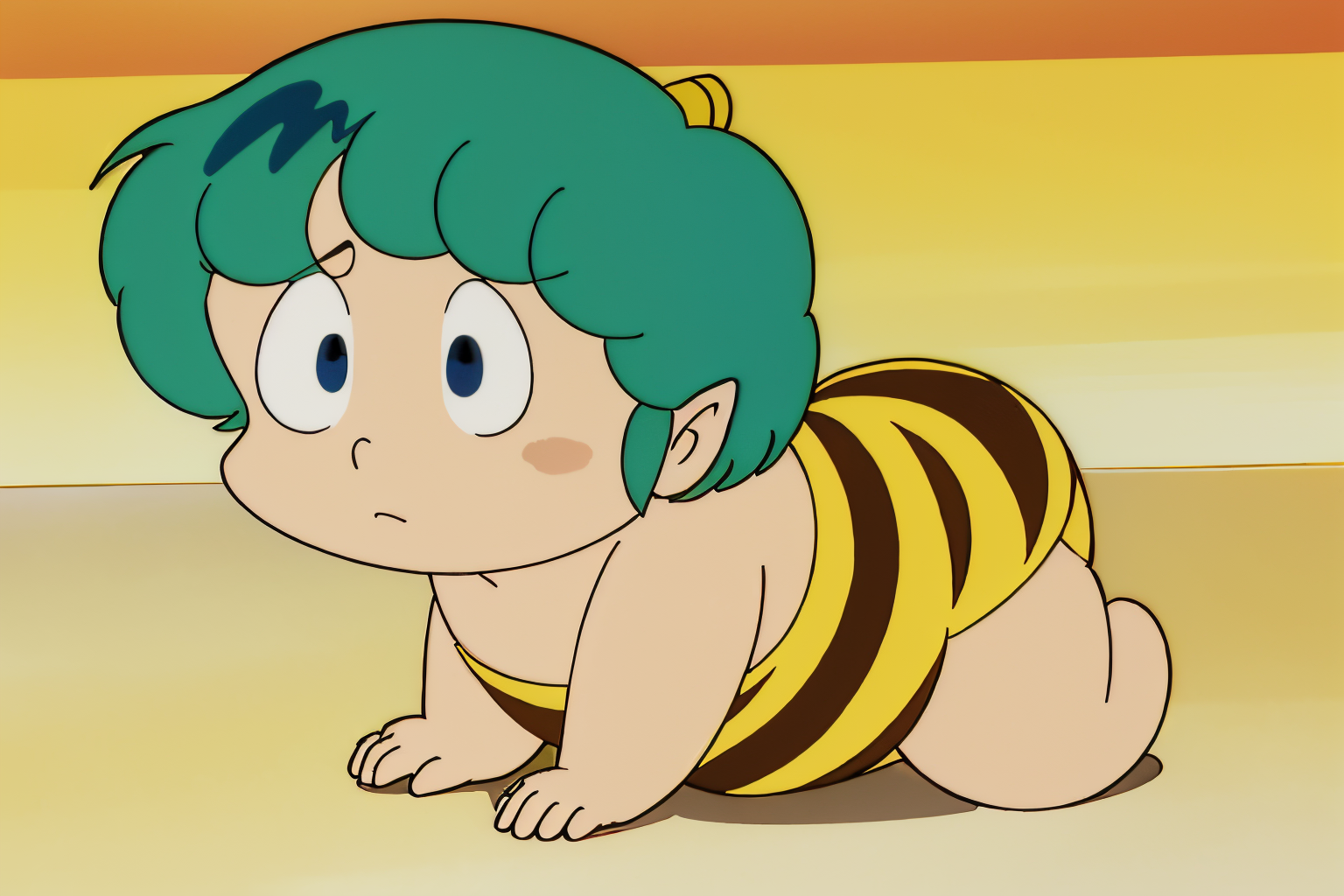 (Realistic:1.5) full body shot, solo, blue eyes, 1boy, swimsuit, male focus, green hair, horns, barefoot, pointy ears, strapless, frown, parody, aged down, animal print, oni horns, oni, retro artstyle, style parody, tiger print, baby, An ancient, mystical ruin filled with powerful, hidden relics and treasures.,<lora:EdobUruseiYatsuraTen_v1.0:0.8>