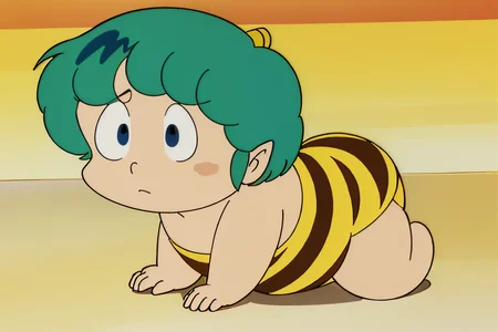 (Realistic:1.5) full body shot, solo, blue eyes, 1boy, swimsuit, male focus, green hair, horns, barefoot, pointy ears, strapless, frown, parody, aged down, animal print, oni horns, oni, retro artstyle, style parody, tiger print, baby, An ancient, mystical ruin filled with powerful, hidden relics and treasures.,<lora:EdobUruseiYatsuraTen_v1.0:0.8>
