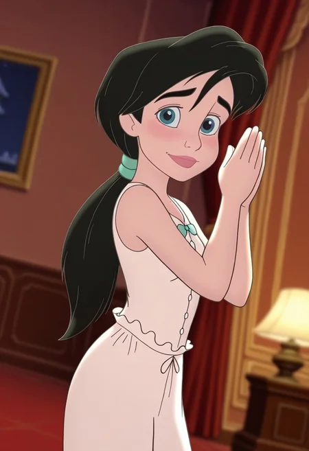 (screencap, official style:1.2), blurry background,
1girl, small breasts, (MelodyXL:1.1), black hair, blue eyes, ponytail, sleeveless, shirt, pants, makeup, white pajamas,
shy, light smile, dutch angle, own hands together, hands up, cute pose, looking at viewer, indoors, mansion, dynamic pose, cowboy shot, night, warm light, lamp,
<lora:Melody_character-12:1>