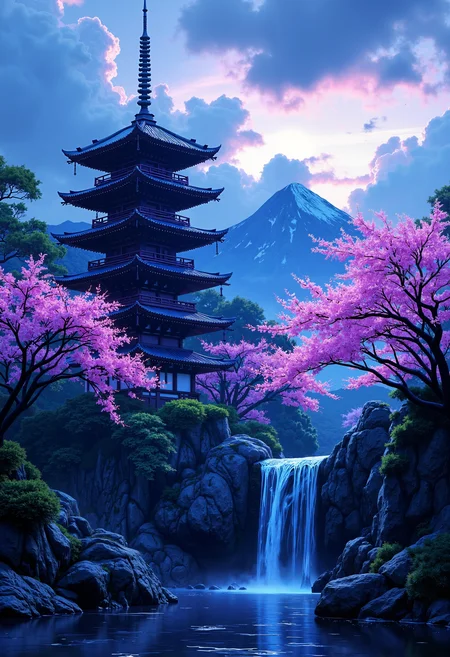 bo-neon, a digital artwork depicting a serene, traditional japanese garden scene, the focal point is a tall, pagoda-style building with black, curved walls and a pointed roof, set against a twilight sky filled with soft, fluffy clouds, the pagoda is positioned in the center of the image, surrounded by lush greenery and vibrant pink cherry blossom trees, creating a beautiful contrast against the dark blue sky, the trees are in full bloom, their delicate petals gently swaying gently in the breeze, adding a sense of serenity and tranquility to the scene, in the foreground, a small waterfall cascades gently into a calm, reflective pond, reflecting the soft, ethereal light of the setting sun, the pond is surrounded by large, jagged rocks and lush, green shrubs, enhancing the natural beauty of the garden, the background features a distant mountain silhouette, adding depth and perspective to the composition, the overall style of the artwork is highly detailed and realistic, with a focus on texture and depth, making it a captivating and immersive piece of art<lora:FLUX Abyss Neon\abyss-neon.safetensors:1.0:1.0>