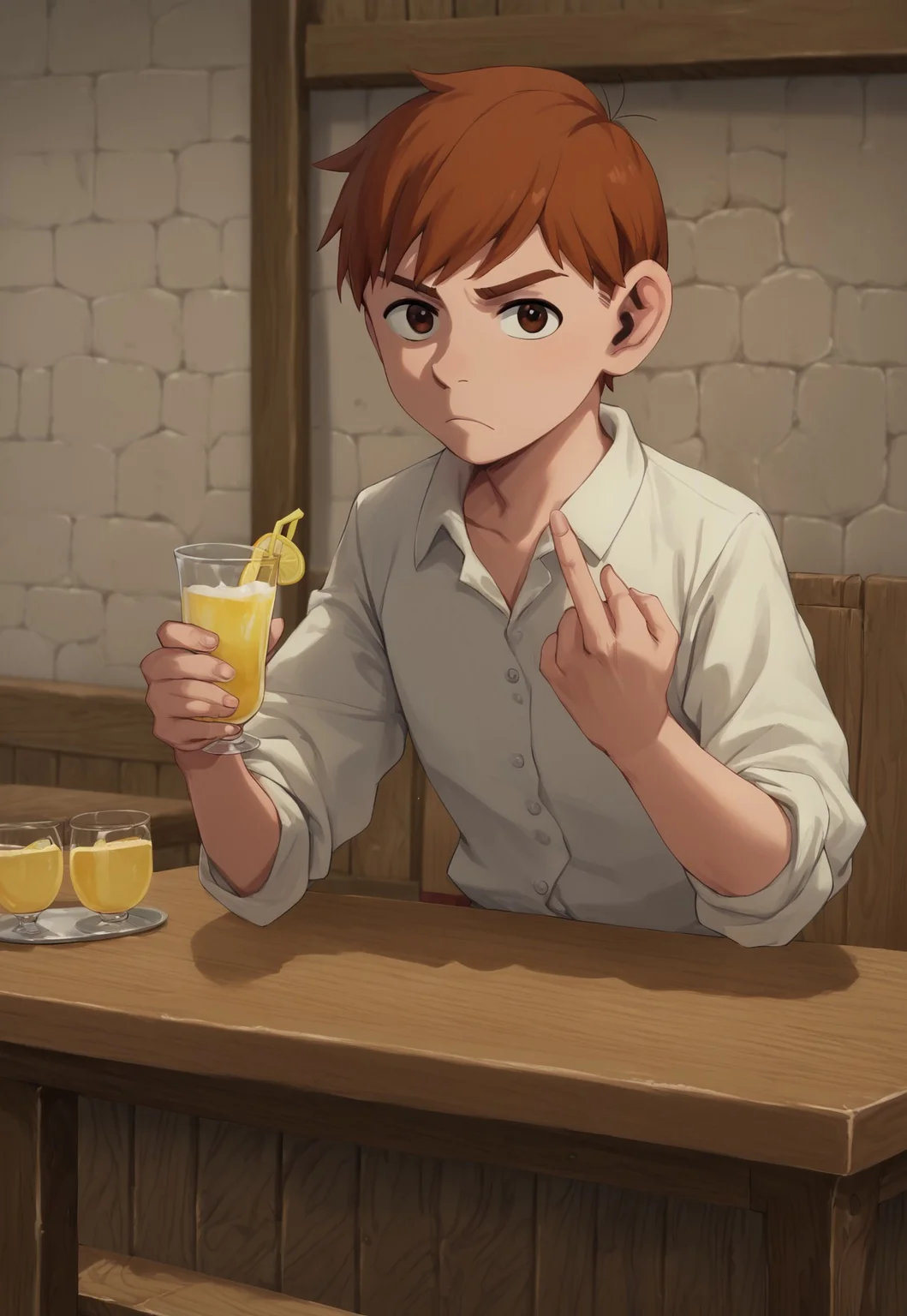 score_9, score_8_up, score_7_up, score_6_up, score_5_up, score_4_up, pub, indoors, ((glas lemonade on the table, lemonade in front, lemonade)),
BREAK <lora:Chilchuck_Tims:1>, chilchuck tims, brown hair, brown eyes, 1boy, looking at viewer, serious, middle finger, angry, sitting on a table, showing viewer one middle finger, other hand on table, behind glas lemonade