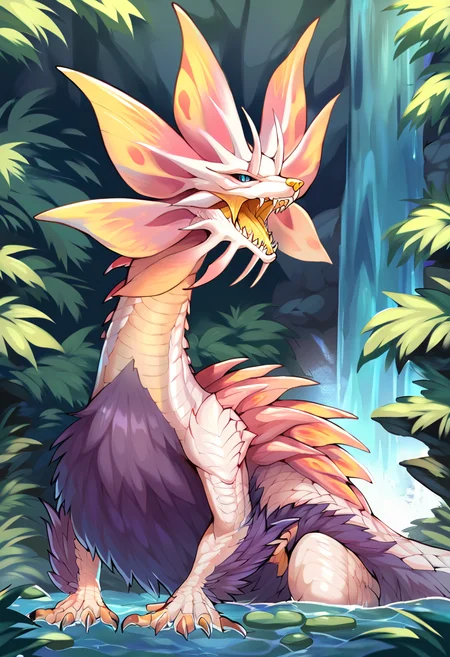 <lora:MH_Mizutsune_a1_3_PonyXL_spnckpt1_th-1.4>,<lora:PDXL_artist_tags_v2_big>,score_9,score_8_up,score_7_up,mizutsune,feral,by zackary911,by syuro,by hanuvo,solo,hi res,detailed background,forest,waterfall,
looking at viewer,blue eyes,no sclera,hands on ground,side view,yellow mouth,yellow nose,open mouth,half-length portrait,