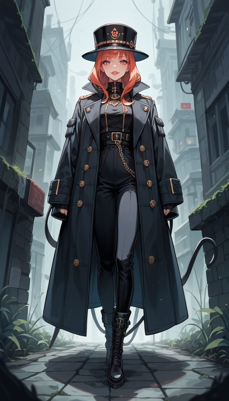 score_9, score_8_up, score_7_up, Anime Style, Full Body Shot, A shadowy human figure, cute, seductive, innocent, light smile:0.3, plump lips, slender body, in a long coat and hat, black boots, intense fog background, depth of field, dynamic angle, fashion photography, sharp, hyperdetailed:1.15