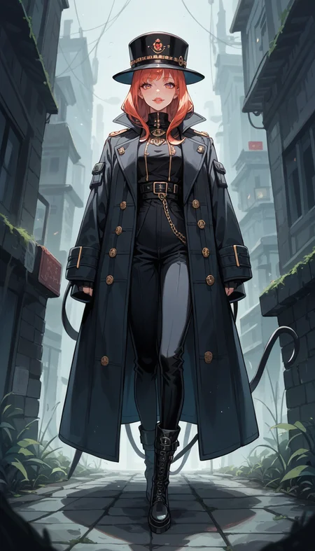 score_9, score_8_up, score_7_up, Anime Style, Full Body Shot, A shadowy human figure, cute, seductive, innocent, light smile:0.3, plump lips, slender body, in a long coat and hat, black boots, intense fog background, depth of field, dynamic angle, fashion photography, sharp, hyperdetailed:1.15