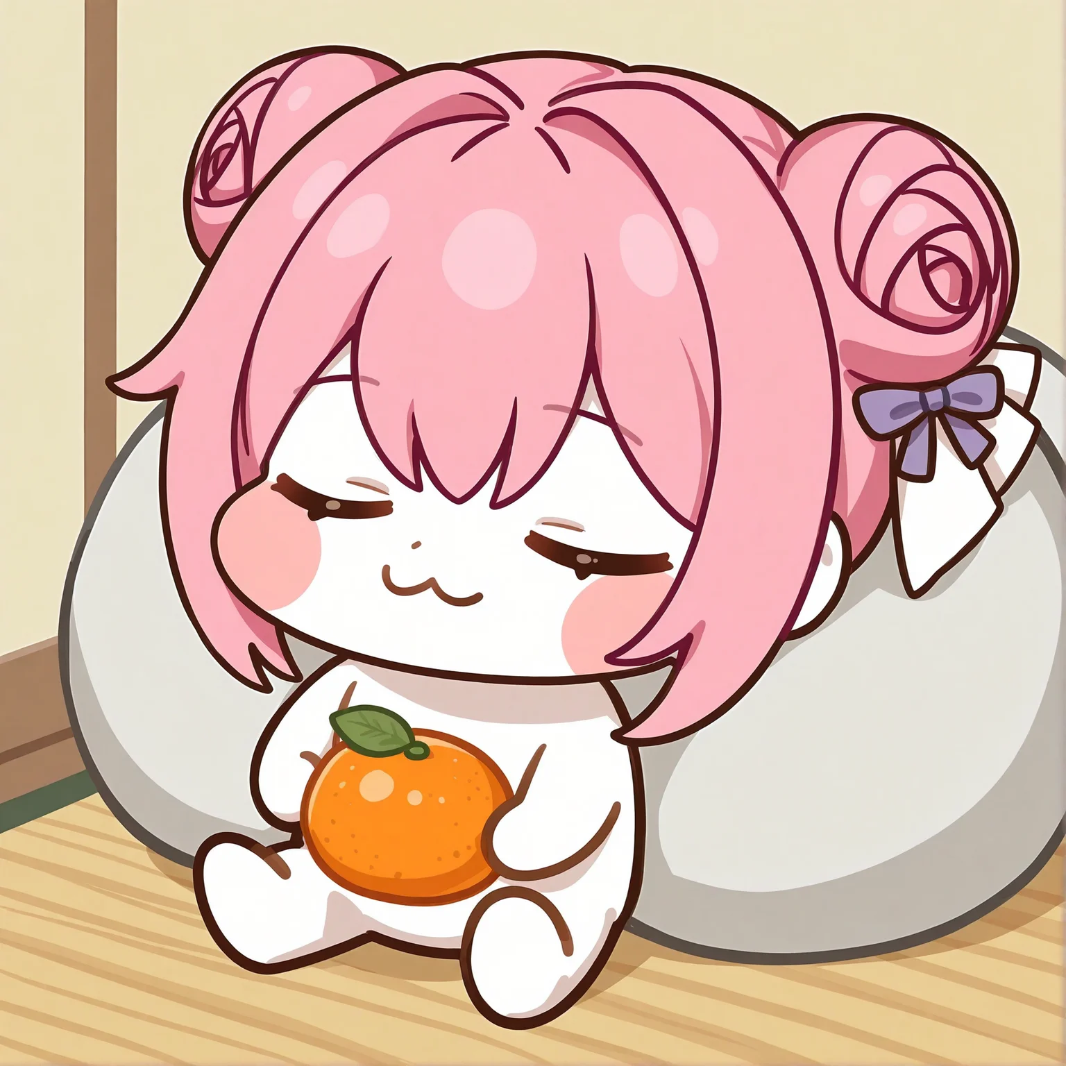<lora:xl-ill-doro (emoji)-v1-000010:0.8>,doro \(emoji\),1girl,hair bun,closed eyes,fruit,food,pink hair,:3,sleeping,blush stickers,mandarin orange,holding,double bun,sitting,chibi,solo,holding food,bow,closed mouth,hair bow,