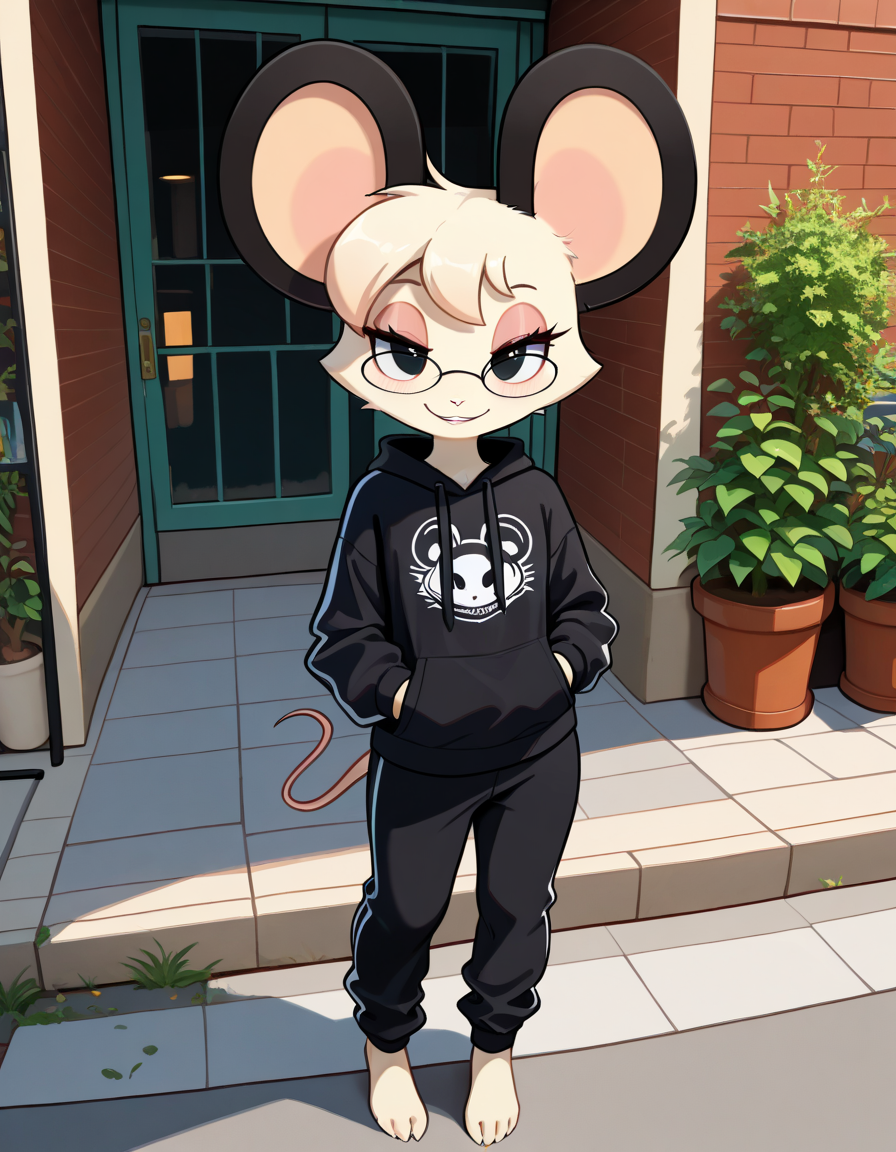 masterpiece, best quality, very aesthetic, absurdres,
outdoors, streetwear, 
barefoot, full body, standing, posing, 
 seductive smile, parted lips, long eyelashes,
 <lora:Tamy_v01_NAIXL:1>
T4my,1girl,solo,furry,furry female,mouse girl,short hair,mouse ears,black eyes,glasses,animal nose,body fur,white fur,mouse tail,