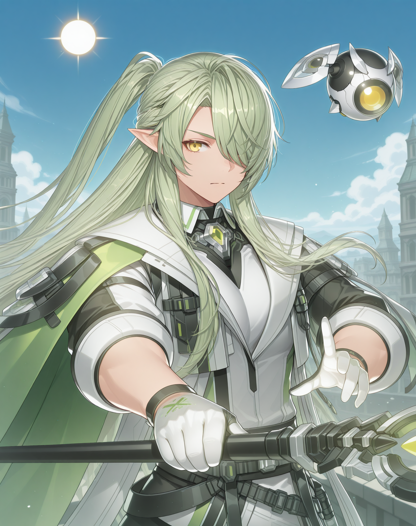 masterpiece, amazing quality, best quality, absurdres, very aesthetic,
1boy, solo, yaoi, male focus, cowboy shot, upper body, looking at viewer, face focus,
 <lora:Zero_T_FSI_ilxl:1>  zerotfsi, hair over one eye, green hair, pointy ears,yellow eyes, ponytail, half updo, elf, hair between eyes,sidelocks, one eye covered,
white gloves, black pants, boots, green cape, white coat, collared shirt, black belt, green footwear, green gemstone, grey pants, black footwear, green coat, brooch, short sleeves, two-tone gloves, gem, shoes, white shirt, vest, drone, orb, side cape, cloak, serious, cross-laced footwear, sleeves rolled up, jacket, multicolored coat,
holding staff, 
outdoors, day, blue sky, sun,