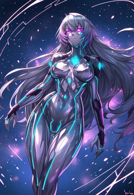 score_9, score_8_up, score_7_up, score_6_up, score_5_up, score_4_up, 2D, ibenz,
BREAK
1girl, liquid mercury, solo,
silver body, ((long hair, silver hair)),
((purple lines, purple eyes, glowing eyes)),
hourglass figure, long legs, thick thighs, large breasts,
seductive pose, caressing own self, seductive look,
(cyberspace) black background, blue energy lines, blue code, detailed background,