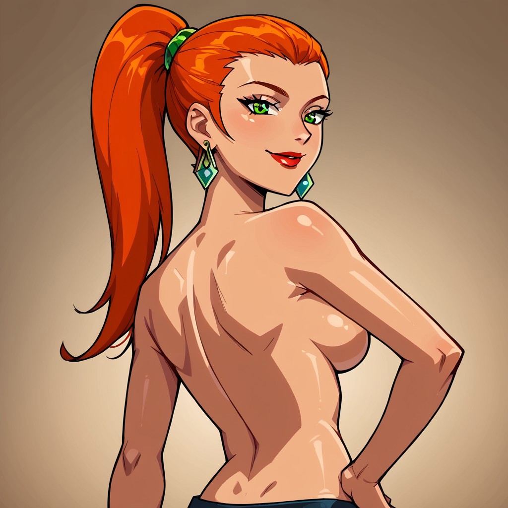 1girl, ponytail, solo, earrings, hand on hip, breasts, orange hair, jewelry, looking back at viewer, red hair, green eyes, close body shot, smiling,