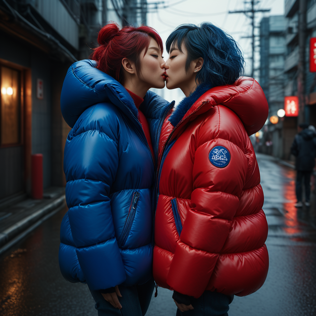 dark cinematic still with dark vibes, full body shot of kissing  japanese middle aged women  wearing an red and blue  extra_puffy_jacket,  unique hair styles,   looking at the camera, shallow depth of field, 8k uhd, dslr, soft lighting, high quality, photorealistic, realism, hyperrealism,
, dystopian city scene 
 <lora:Puffer_Jacket_and_Down_Jacket_-_Extra_Puffy_Jackets:0.5>