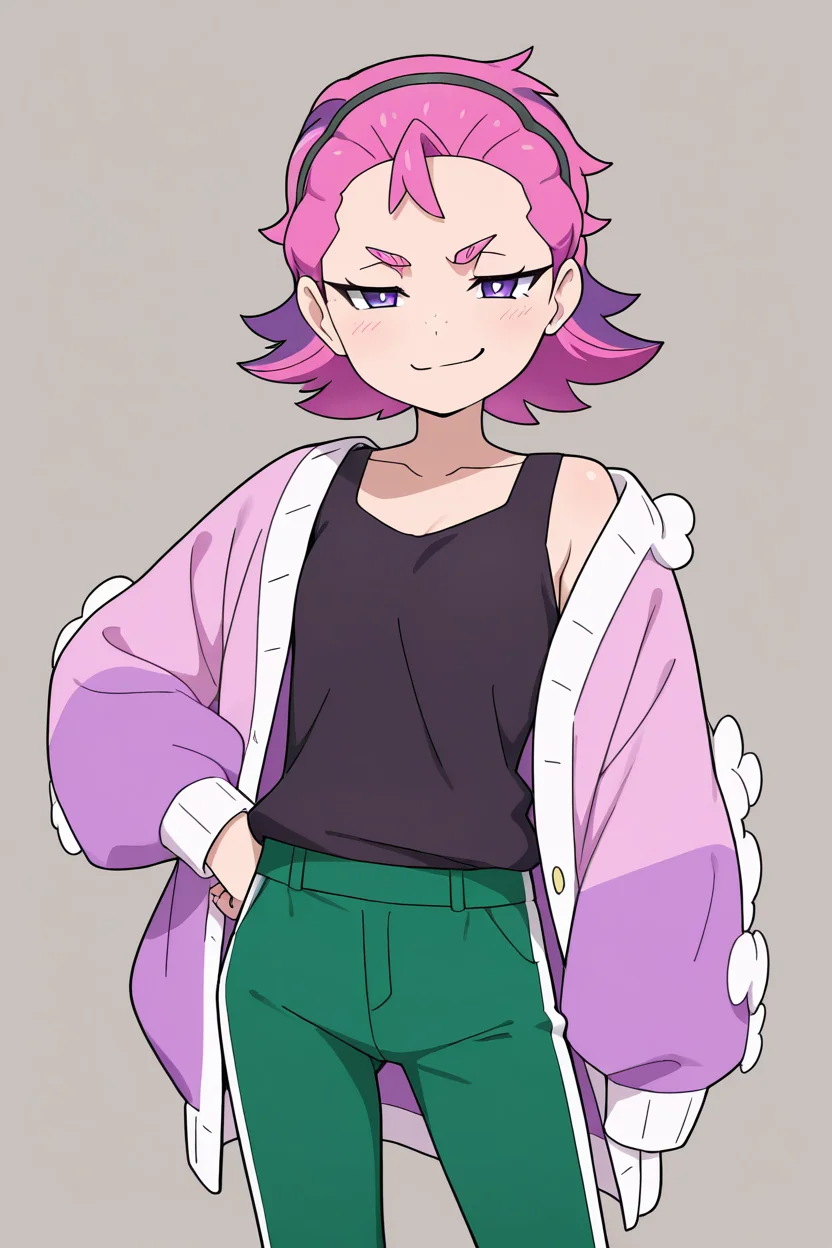 masterpiece, best quality, 1girl, solo,bbDotPKMN, 1girl, purple eyes, bright pupils, hairband, pink hair, short hair, black shirt, long sleeves, jacket, open clothes, green pants, <lora:DotPokemonIXL_v1:1.0>, cowboy shot, hand on hip, smug, smile, looking at viewer, shiny skin,