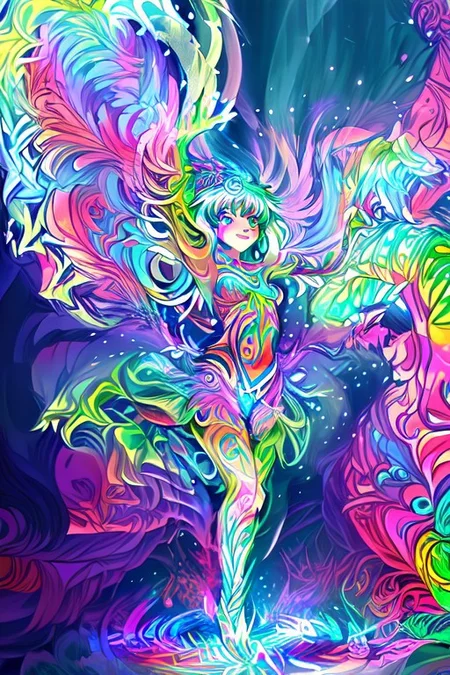 A shaman girl dances in the snow, beats a tambourine. The night sky with the aurora borealis (An image with very contrasting and vivid psychedelic colors) (OverallDetail, DaSa, psychedelic)