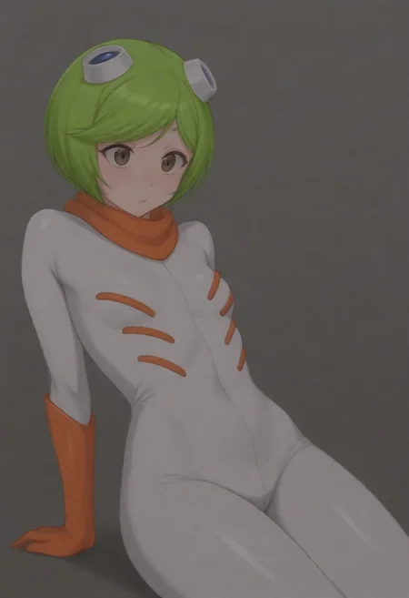masterpiece, best quality, amazing quality,,, shiny skin,,,,,<lora:kunamashiro-illu-nvwls-v1:1> knmshir, green hair, short hair, brown eyes, , blue goggles on head, orange scarf, white bodysuit, orange gloves,