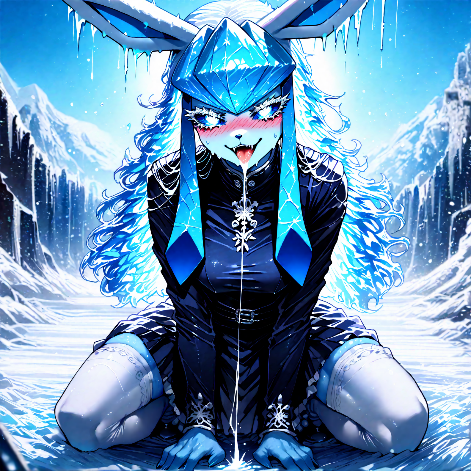 pokemon, glaceon , 1girl, ban! \(bansankan\):0.7, quasarcake:0.8, wlop:0.9, animal_ears ,animal_nose,blue_fur ,blue_hair ,blue_sclera, blue_sky ,blue skin,blue_theme, blurry, blush, body_fur, breasts,colored_sclera, cowboy_shot ,  fang, furry ,furry_female,  happy , medium breasts, looking_down , nose_blush, outdoors, personification ,pokemon_(creature),long_hair, shiny_skin ,sidelocks,sky, smile, solo ,sweat , tail ,white_eyes, long_sleeves, black_shirt ,black dress, white thighhigh, 
, squatting, tongue, tongue_out , saliva,saliva_trail ,saliva_drip ,open mouth, leg, leg focus, from blow, looking at viewer,pov,
snowy, snow, outdoors,, fr0stwrld, ice ,
masterpiece, best quality, Good quality, very aesthetic, absurdres, newest, (Perfect details), solo,
<lora:Fr0stWrld4:0.7>, <lora:ponyv5_noobV065S_1_adamW:0.8>, <lora:illustrious_noobai_epsilon_pred_1_best_quality_v1:0.7> ,<lora:illustrious_noobai_epsilon_pred_11_very_aesthetic_v1:0.7> ,<lora:illustrious_noobai_epsilon_pred_1_masterpieces_v1:0.7>