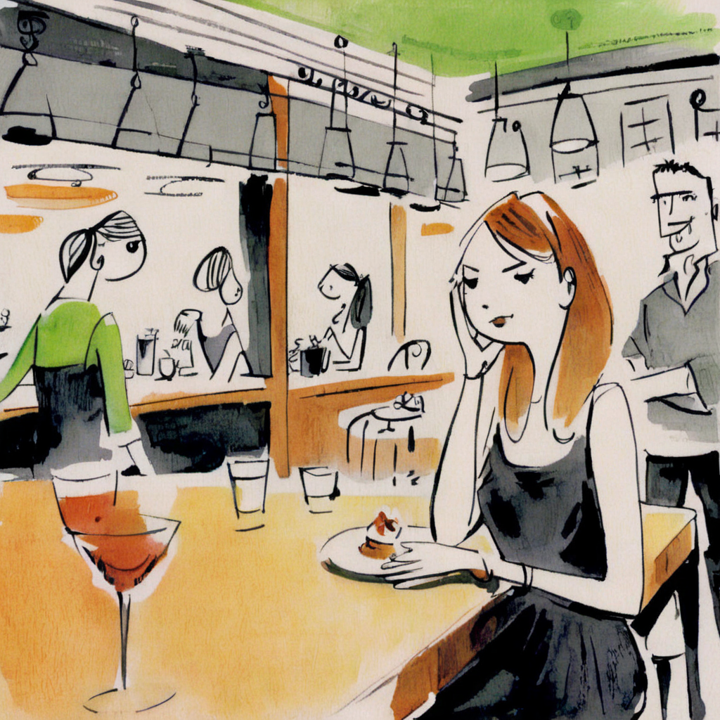 drawix23  girl in a cafe in the background people at tables and a colorful bar,  very detailed<lora:drawix23:1>