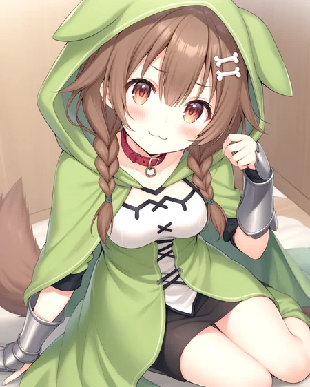 korone, :3, animal collar bangs, blush, bone hair ornament, braid, brown eyes, brown hair, dog girl, dog tail, hair ornament, inugami korone, long hair, looking at viewer, low twin braids, medium breasts, medium hair, solo, twin braids, virtual youtuber,
<lora:KORONE-XL-t1-000001:0.6>
(green hood, green hooded cloak, armor, gauntlet, cape,)