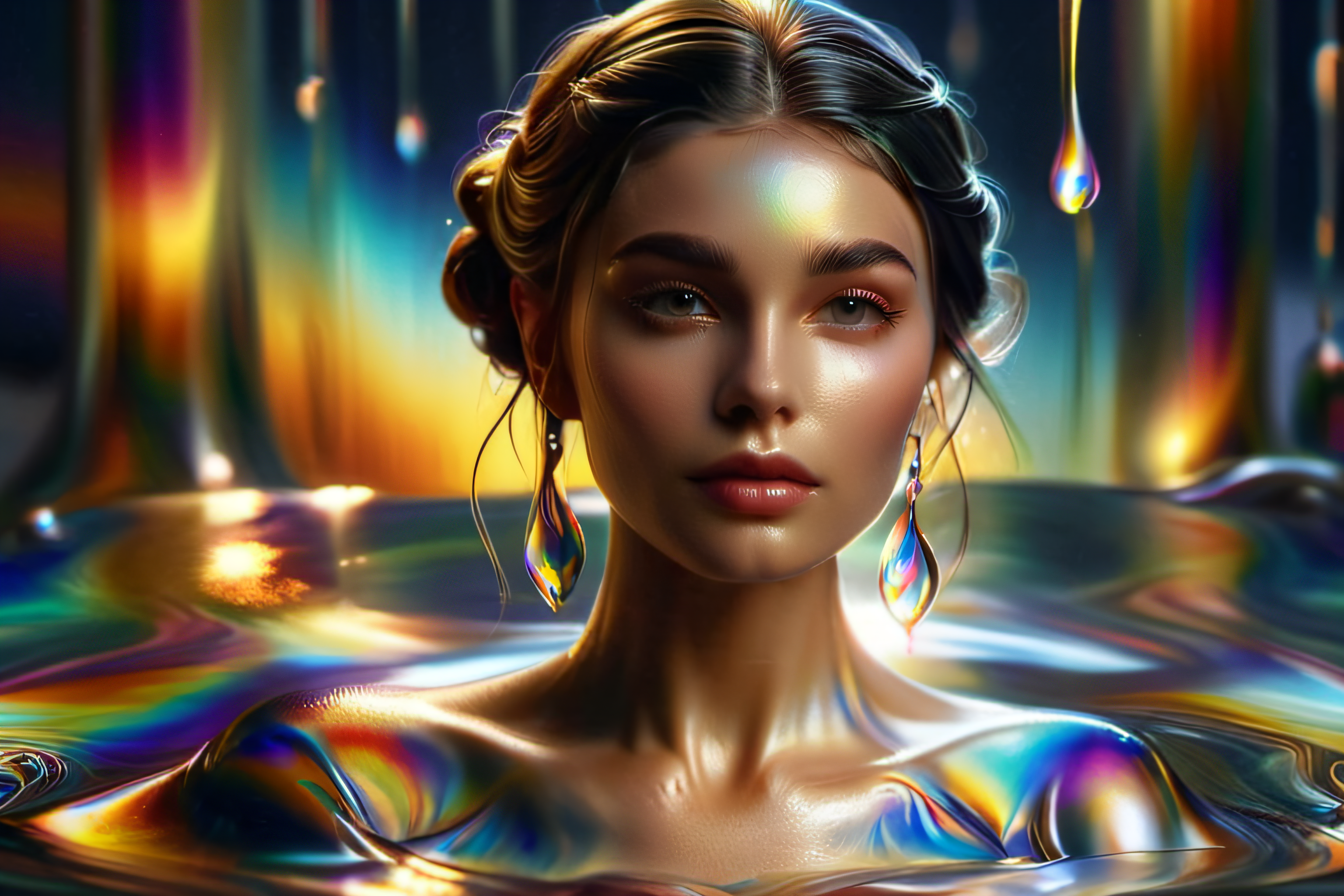 delicate beautiful woman rising from a deep pool of oil, brunette, updo, flowing gown formed from oil, prismatic, <lora:add-detail-xl:1>, (8k), rim lighting, <lora:ral-oilspill:1> ral-oilspill