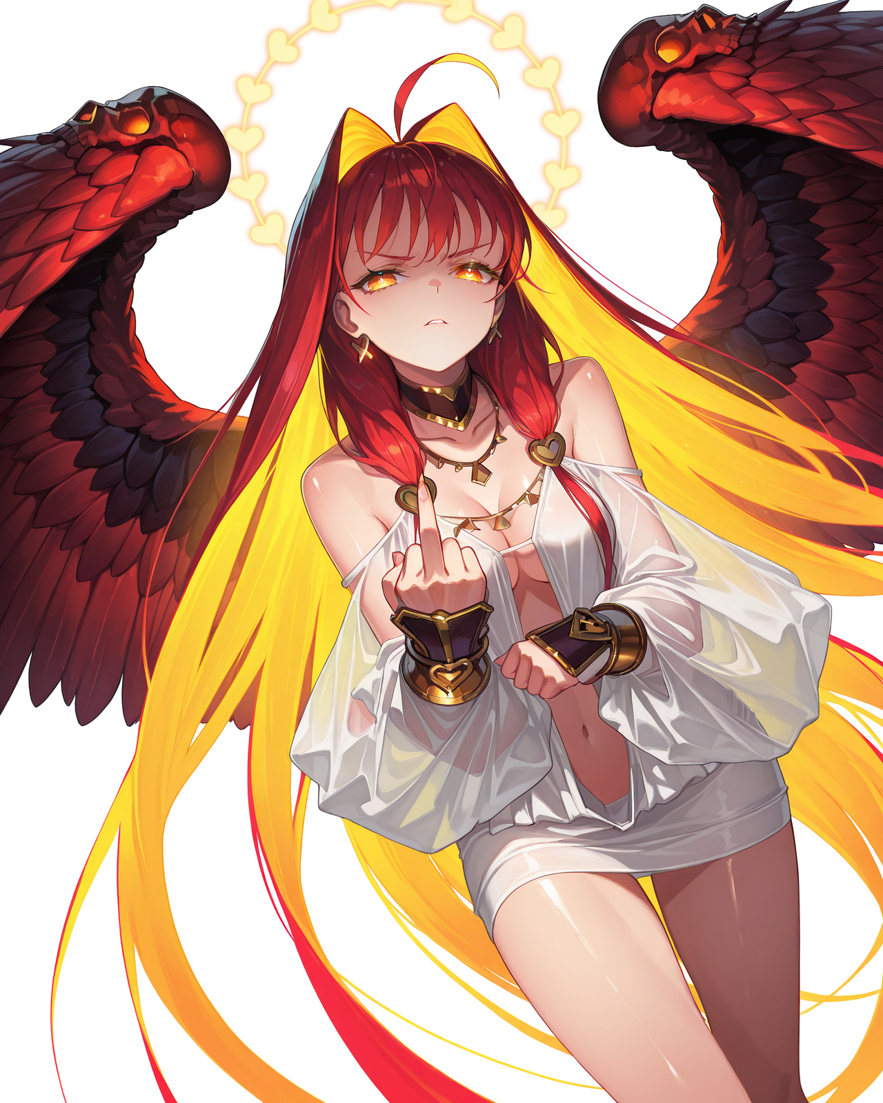(EyesHD:1.2),masterpiece,best quality,ultra-detailed,very aesthetic,sharp focus,vibrant colors,ray tracing,best lighting,detailed illustration,detailed background,cinematic,beautiful face,beautiful eyes,<lora:svstyle3:1>,svstyle,
shiny skin,
BREAK
simple_background,white_background,
BREAK
Aphroditelike,1girl,solo,ahoge,long hair,orange eyes,parted lips,medium breasts,multicolored hair,two-tone hair,red hair,blonde hair,very long hair,navel,cleavage,
wings,feathered wings,multiple_wings,red skulls on wings,red wings,
jewelry,necklace,center opening,detached collar,hair intakes,plunging neckline,neck ring,see-through,bare shoulders,dress,collarbone,heart,thighs,earrings,puffy sleeves,white dress,halo,short dress,high heels,
<lora:Aphrodite_FATE_IL>,
standing,disgust,holding,disdain,middle_finger,
cinematic_angle,looking at viewer,upper_body,