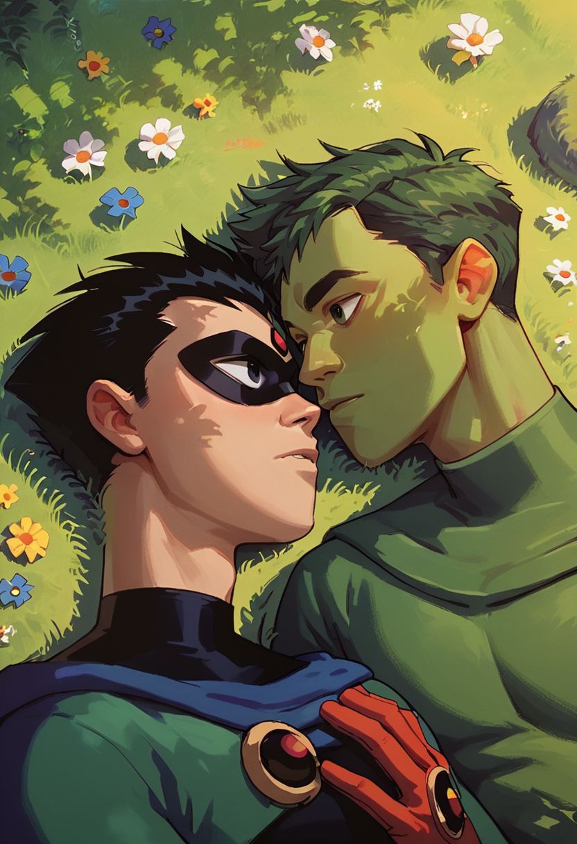 score_9, score_8_up, score_7_up, BRAKE green hair, green skin, beastboy, beast boy, BRAKE (black hair:1.2), (mask:1.1)
pale skin, human, robin, BRAKE teen titans, in a field, 2 boys laying together next to each other, looking into each others eyes, view from above, (close up:0.6), romantic,