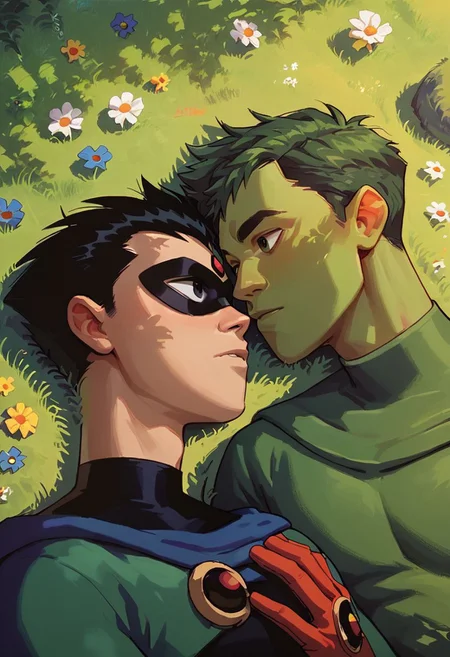 score_9, score_8_up, score_7_up, BRAKE green hair, green skin, beastboy, beast boy, BRAKE (black hair:1.2), (mask:1.1)
pale skin, human, robin, BRAKE teen titans, in a field, 2 boys laying together next to each other, looking into each others eyes, view from above, (close up:0.6), romantic,