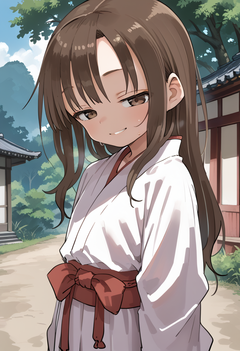 score_9,score_8_up,score_7_up,score_anime,cowboy_shot,<lora:yamamoto-mix-lyco-pony-v1:0.5>,1girl,<lora:Takagawa-Sumire_v2:0.7> ,Takagawa Sumire,long hair,brown hair,sidelocks,brown eyes,half-closed eyes,seductive_smile,japanese_clothes,miko,sweat,looking_to_the_side,in spring,gohei,scenery,