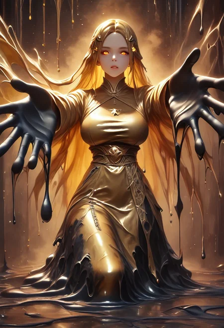 score_9, score_8_up, score_9_up, score_7_up, high quality, masterpiece, highly detailed, 1 girl, (((black slime girl))), large breasts, girl see through body. DonM5h4d0wM317XL, golden kimono dress, golden hair ornament, long hair, glowing golden eyes, reaching out to viewer, dark forest background